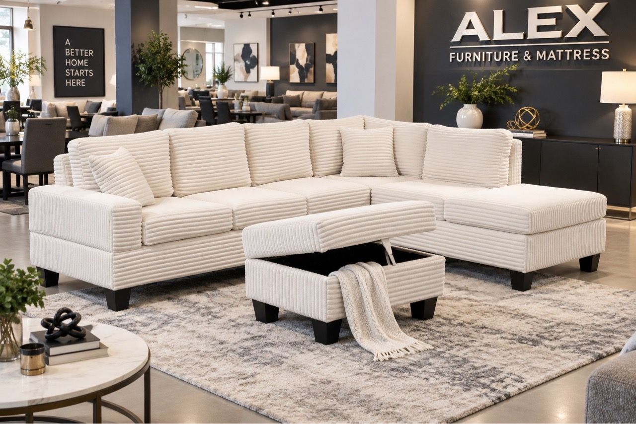 Cream Corduroy Sectional Sofa with Storage Ottoman