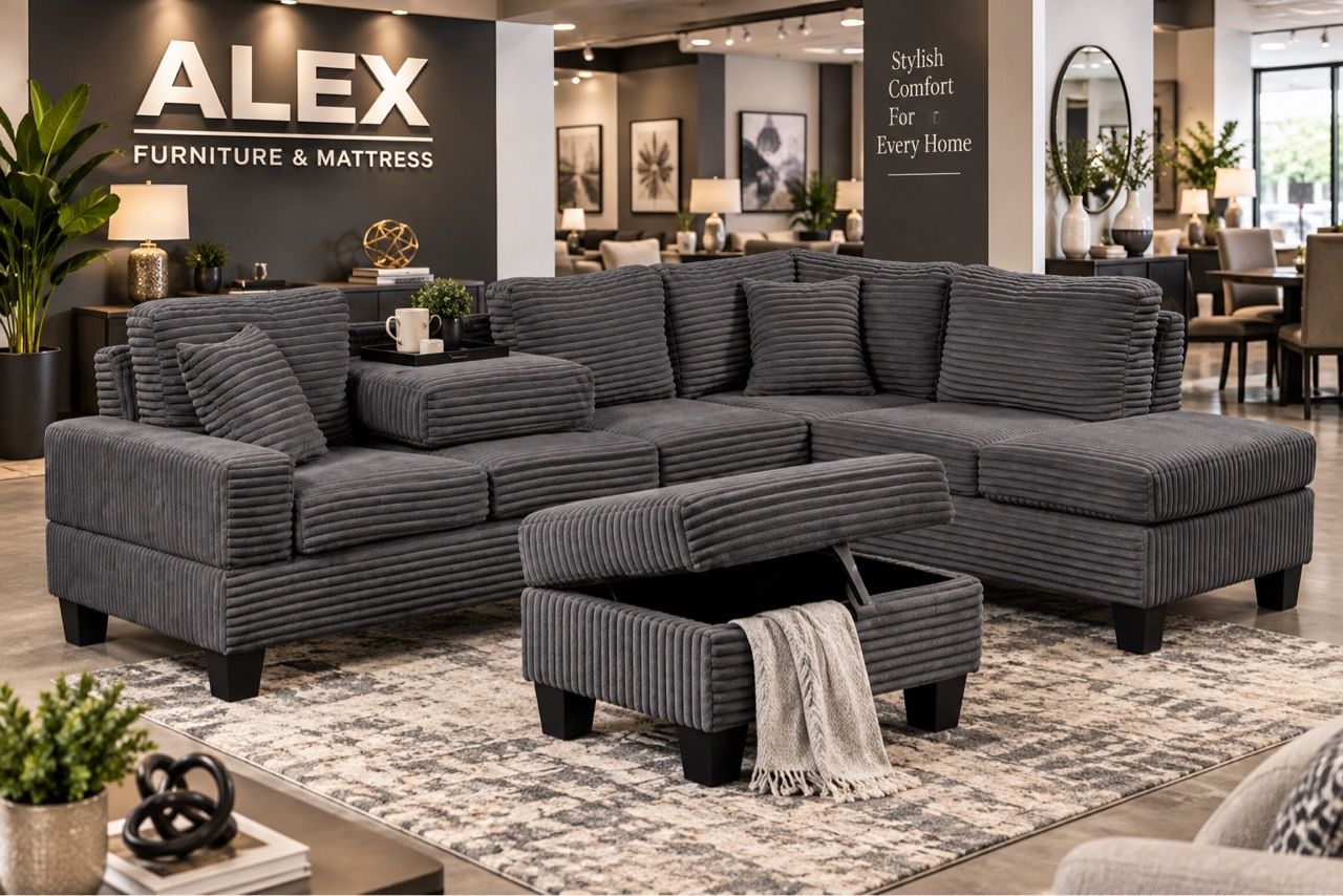 Cream Corduroy Sectional Sofa with Storage Ottoman - photo 2