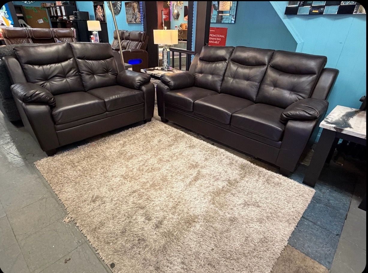 Dark Brown Leather Sofa and Loveseat Set