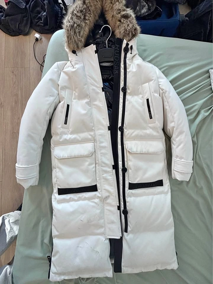 Rudsak White Long Puffer Parka with Fur Hood