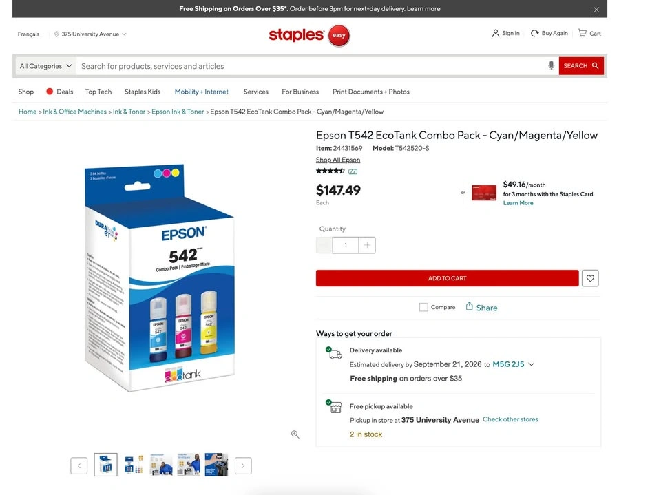 BRAND NEW Epson T542 EcoTank Combo Pack - Cyan/Magenta/Yellow - photo 2