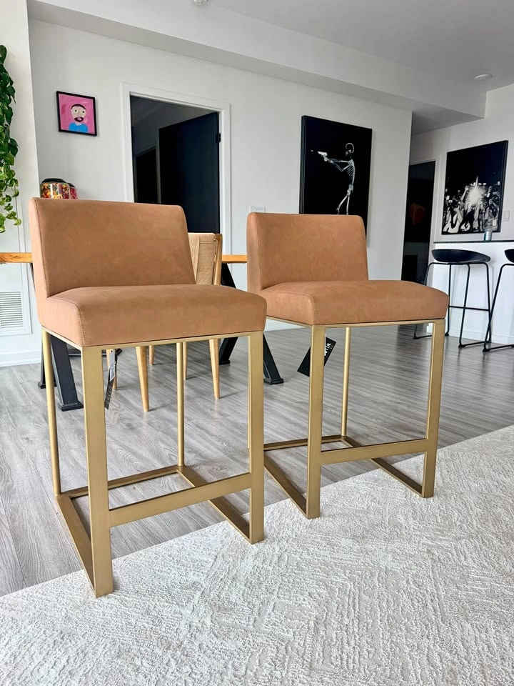 Set of 2 Cognac Faux Suede Bar/Dining Chairs