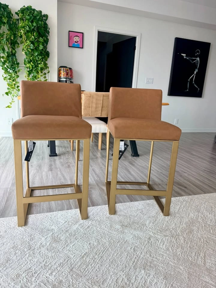 Set of 2 Cognac Faux Suede Bar/Dining Chairs - photo 5