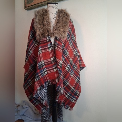 Red Plaid Poncho Wrap with Faux Fur Collar