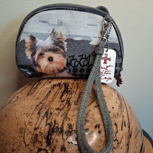 Fuzzy Nation Gray Dog Print Wristlet Clutch With Cross Body Stra