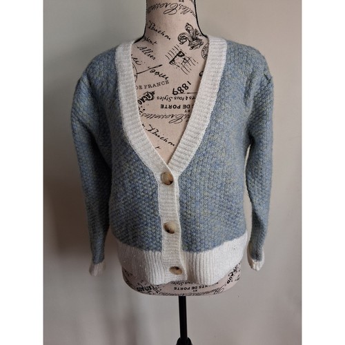 RD Style Blue White Marled Metallic Puff Shoulder Cardigan