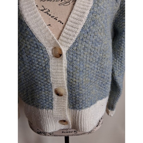 RD Style Blue White Marled Metallic Puff Shoulder Cardigan - photo 3