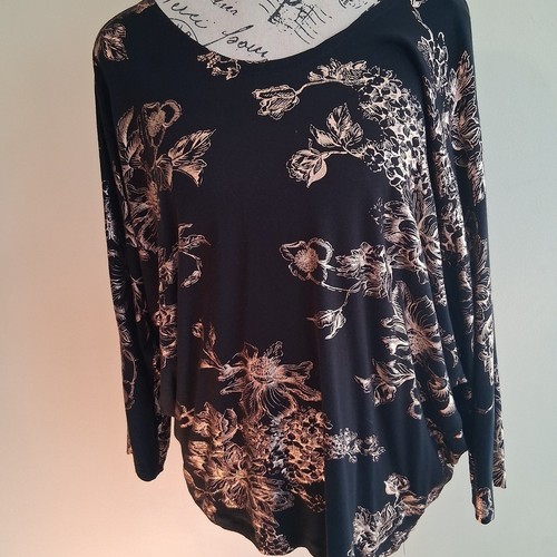 Kim & Cami Womens Black Rose Gold Floral Foil Dolman Top M