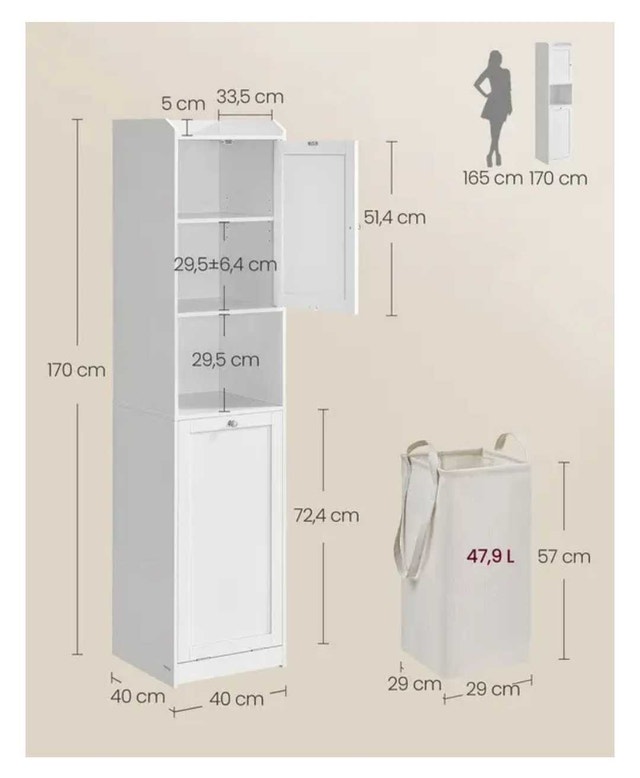 VASAGLE Bathroom Tall Cabinet with Laundry Hamper - photo 5