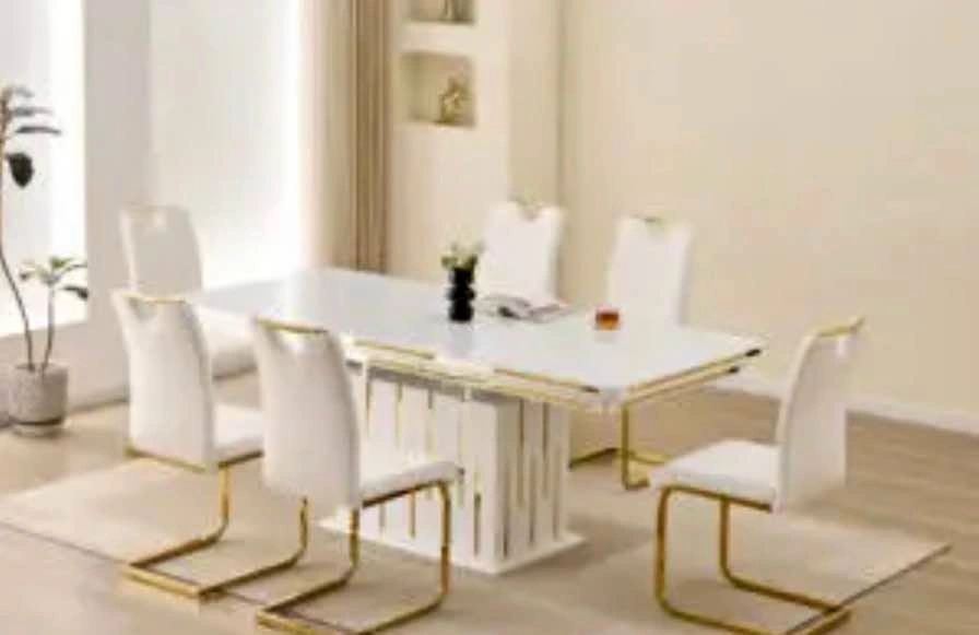 7 PC White & Gold Dining Table Set