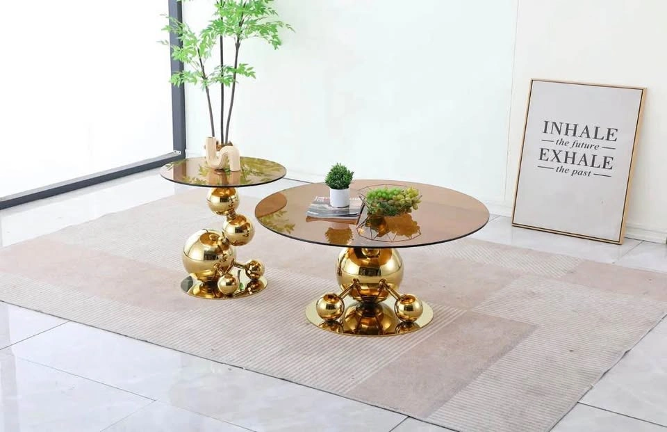2 PC Gold Glass Coffee Table Set