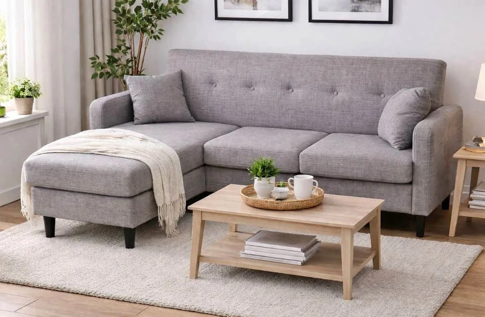 Cream Fabric 3 Seater Sectional Sofa With Throw Pillows