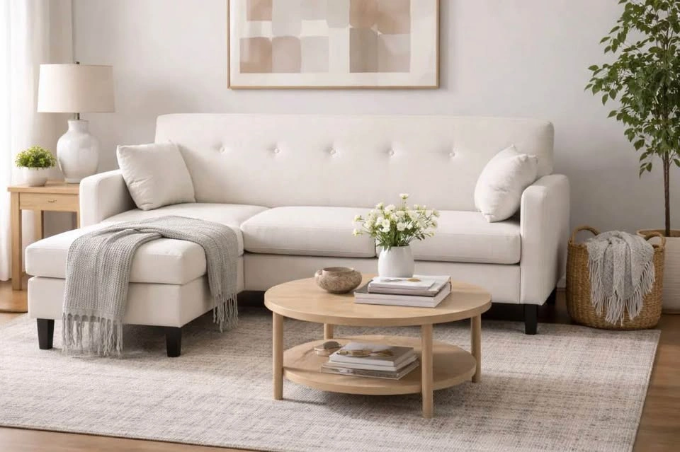 Cream Fabric 3 Seater Sectional Sofa With Throw Pillows - photo 2