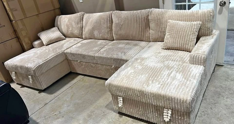 Beige Corduroy Pull Out Sectional Sofa Bed With Storage