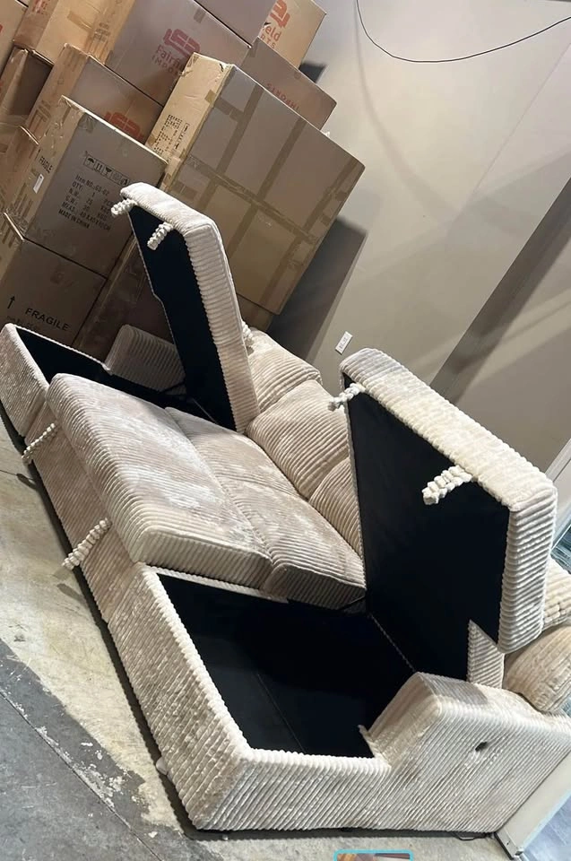 Beige Corduroy Pull Out Sectional Sofa Bed With Storage - photo 2
