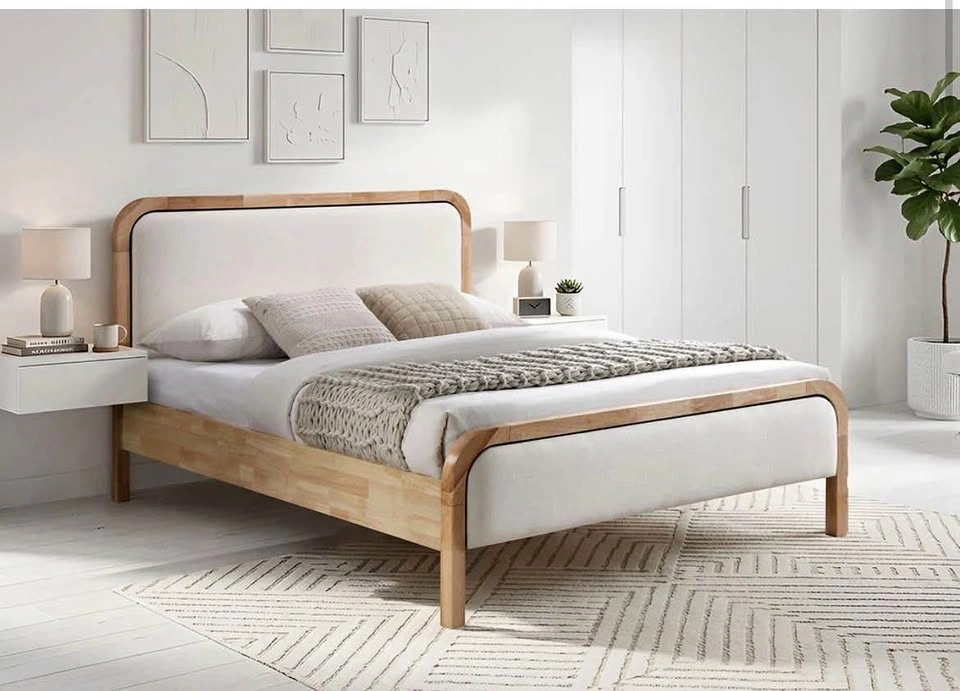 Beige Cream Fabric Wood Platform Bed- Queen or King