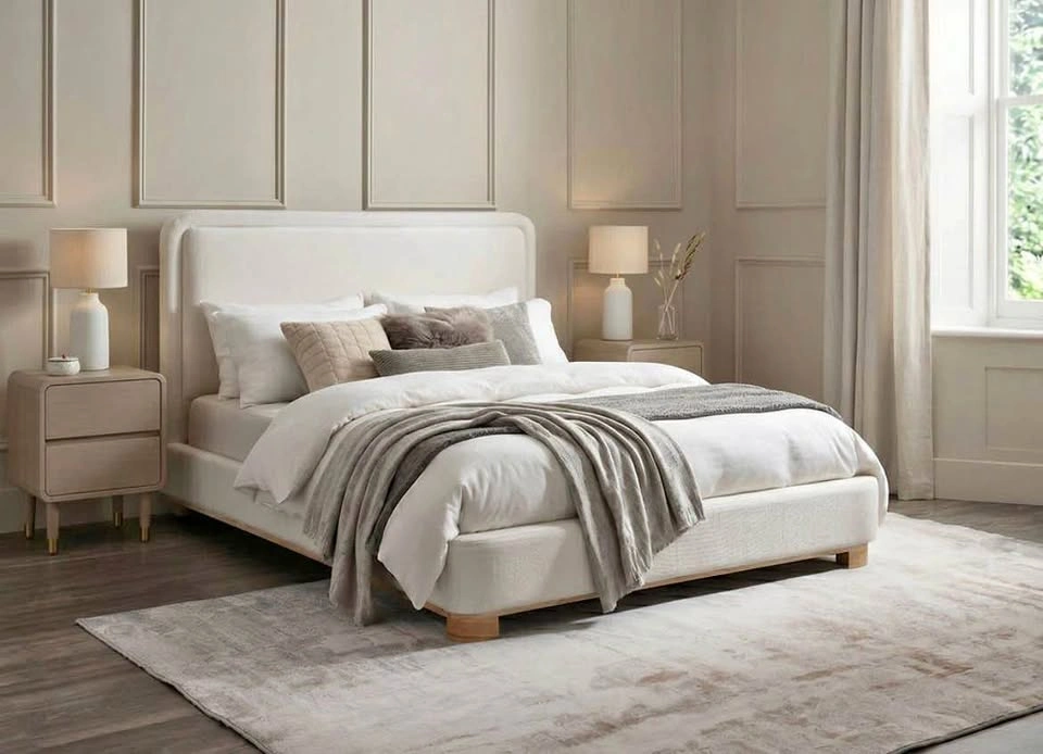 Cream Beige Fabric Platform Bed-Full, Queen or King