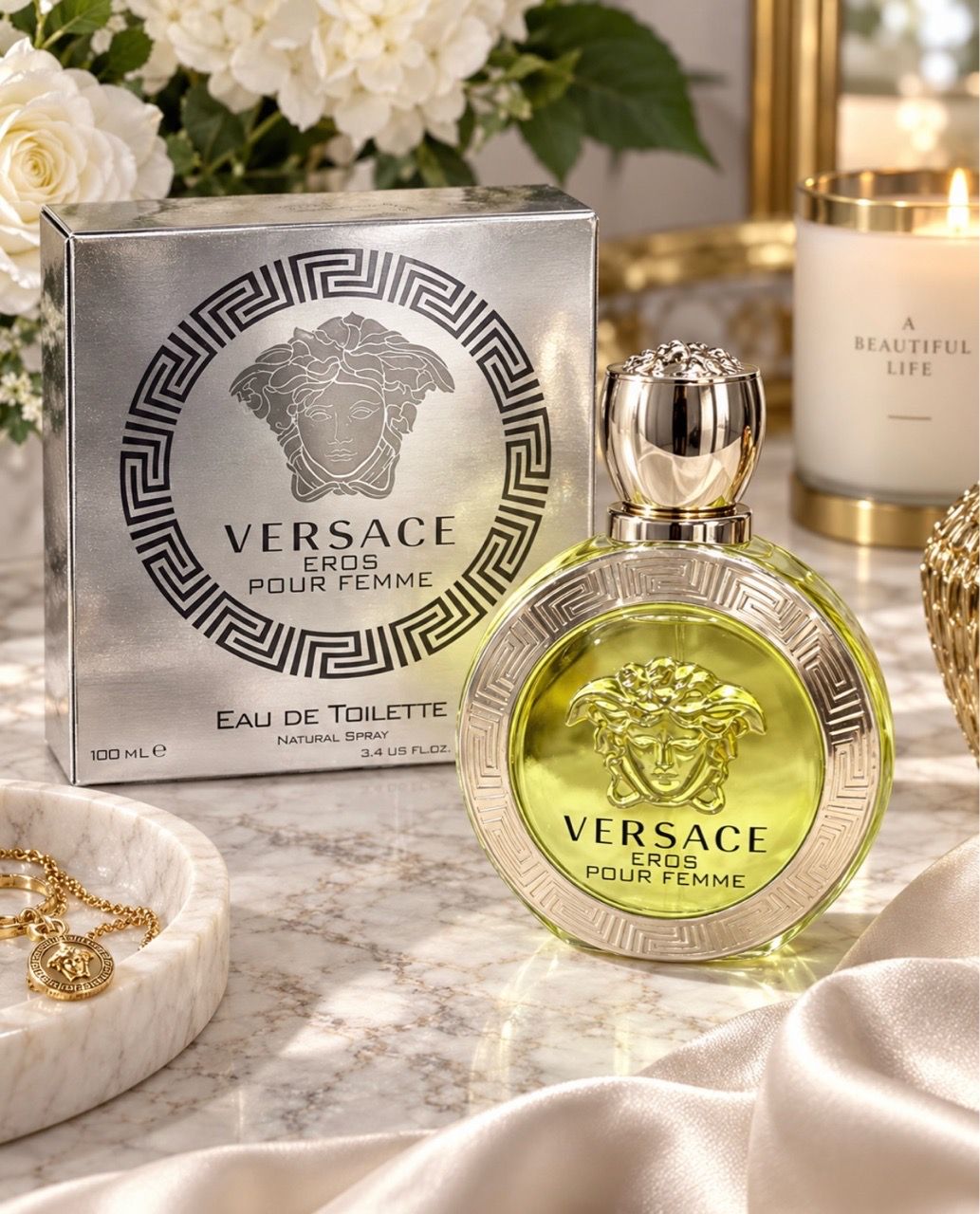 Versace Eros Pour Femme EDT 3.4 oz 100 mL Perfume ~90% Full