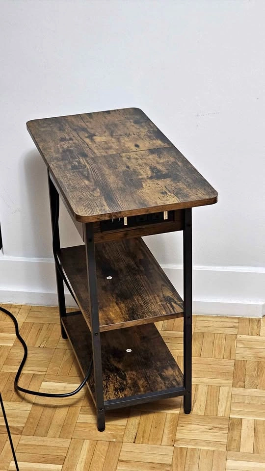 Rustic Industrial Flip-Top End Table with Charging Station