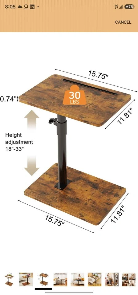 Adjustable bed / sofa side C shape Table with wheels - photo 5