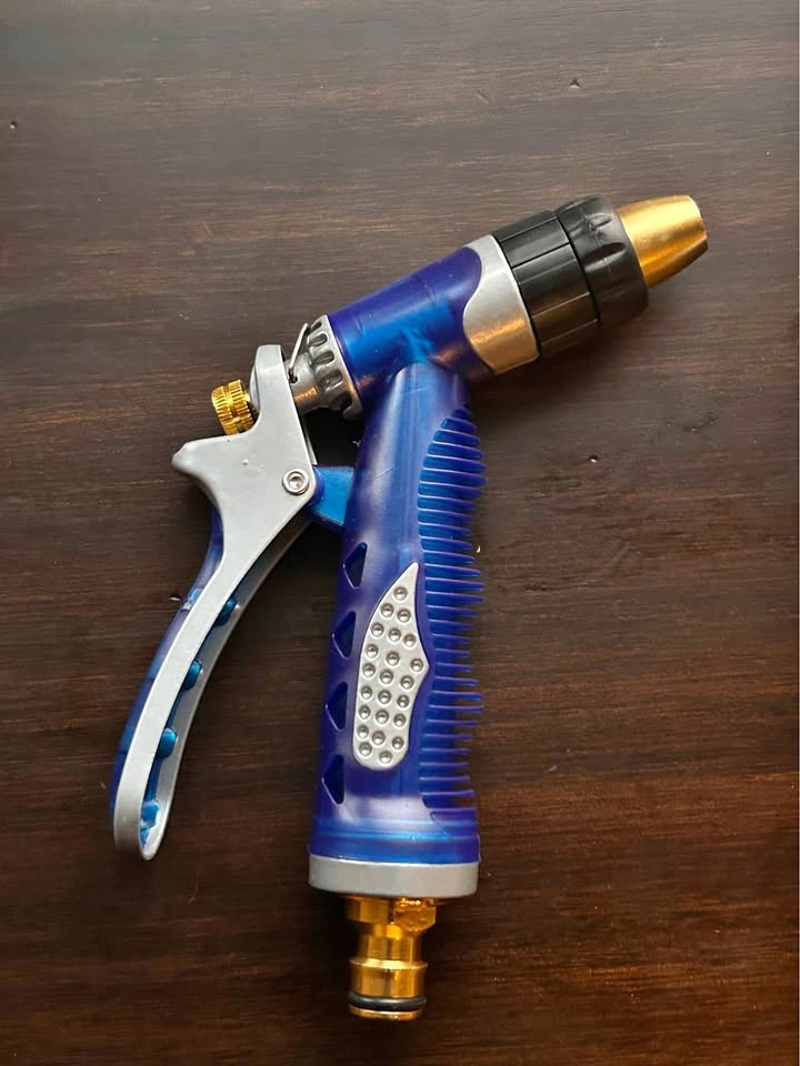 Blue and Brass Garden Hose Spray Nozzle