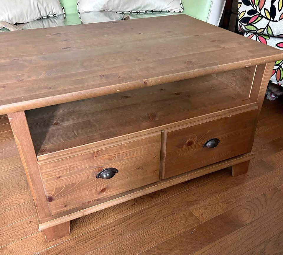 Solid Rustic Pine Wood Coffee Table with Drawers and shelves