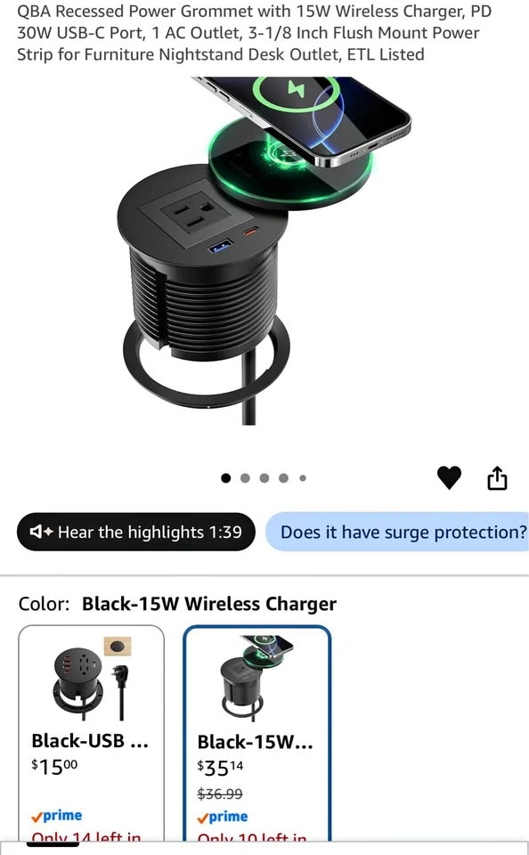 QBA Recessed Power Grommet with Wireless Charger & USB-C