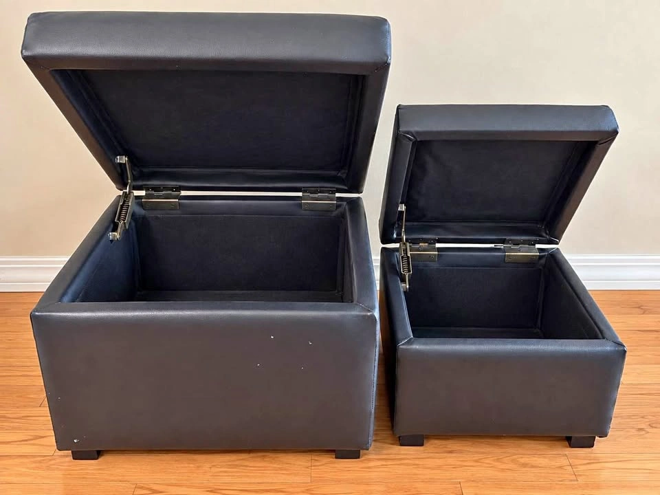 Set of 2 Black Leather Storage Ottomans