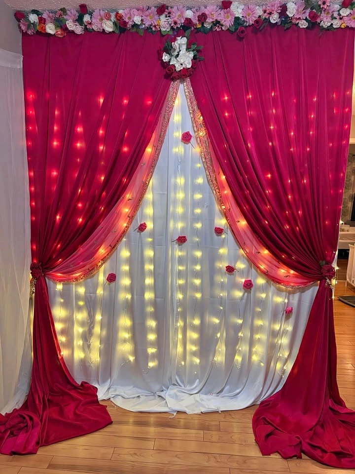 Red and White Party Backdrop Set with Lights and Flowers