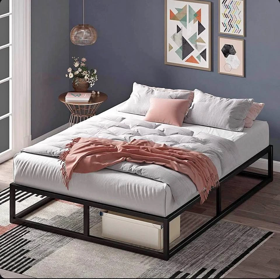 Full Size Black Metal Platform Bed Frame with Wooden Slats