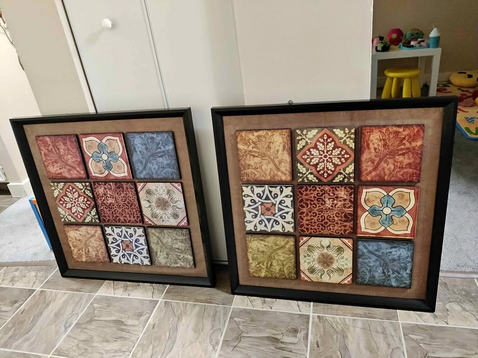 Set of 2 Decorative Framed Wall Art – Vintage Tile Design