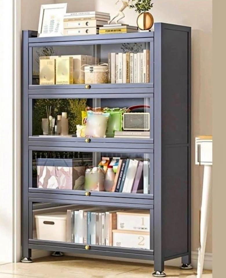 New in Box 3/4/5-Tier Metal Display Cabinet with Doors, Gray
