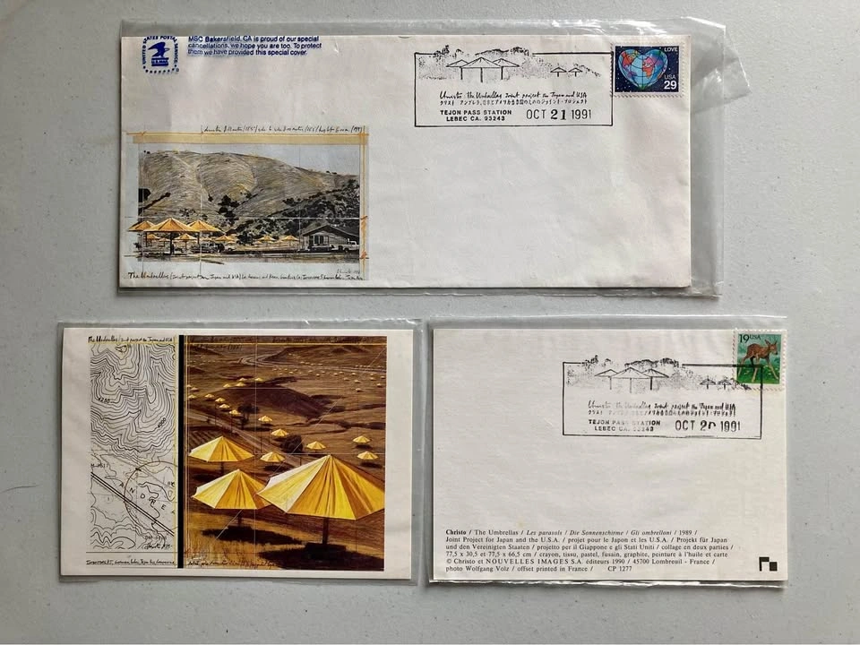 Christo’s The Umbrellas hand stamped sealed envelope and 2 postc