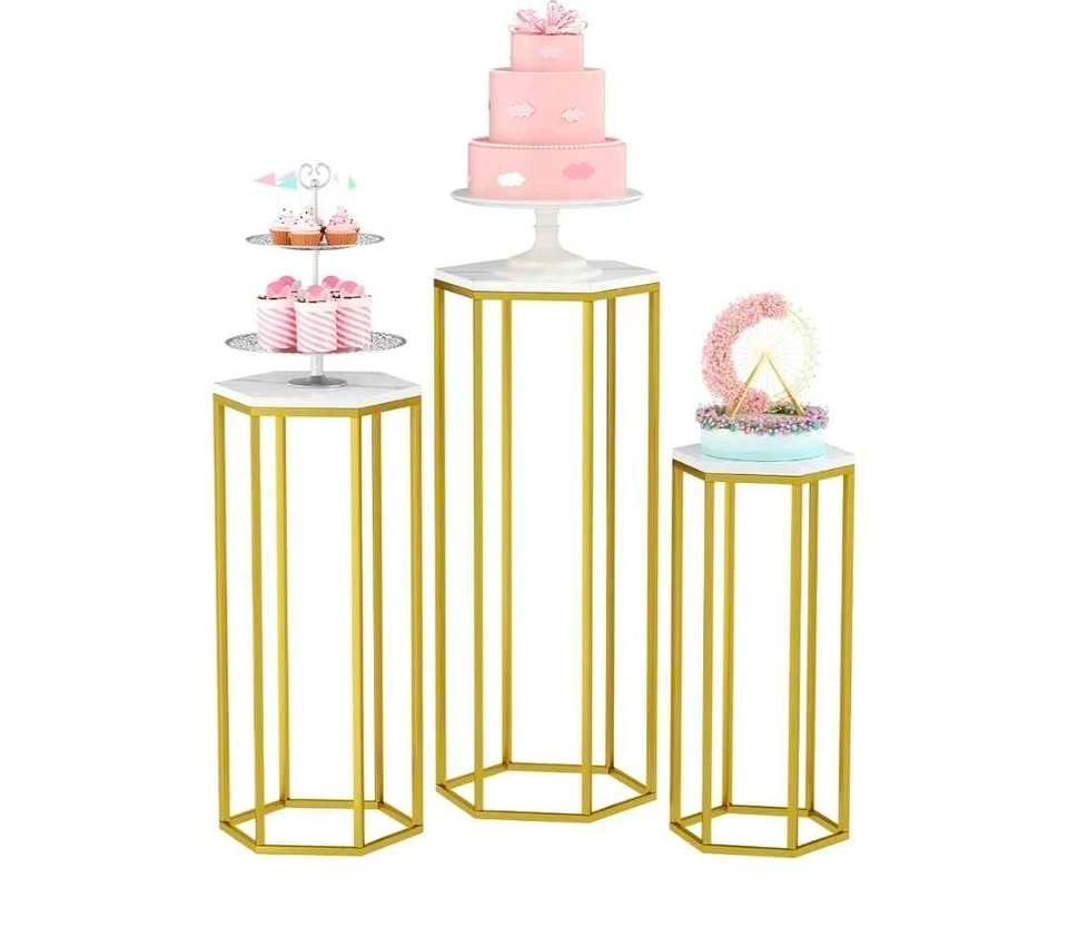 Deco Gold Pedestal Stands, Set of 3 Hexagon Cake Tables - photo 2