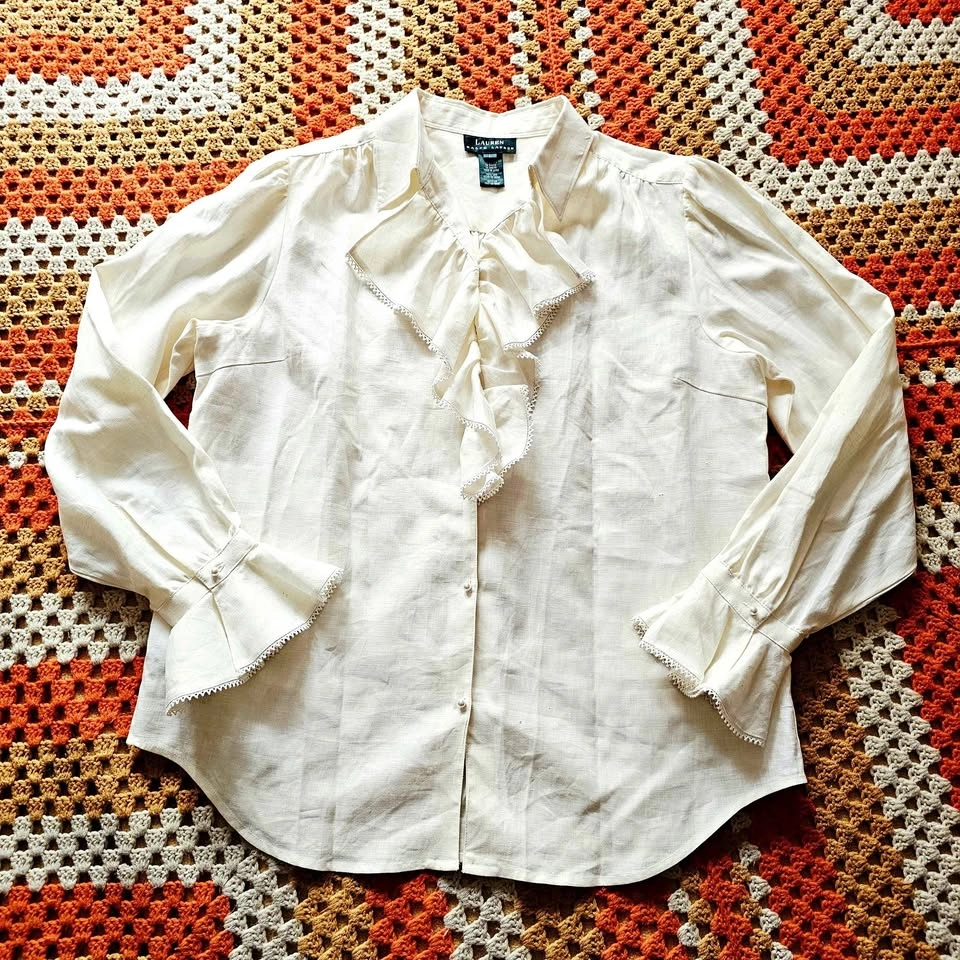 Vintage Lauren Ralph Lauren 100% Linen Ruffle Blouse Large