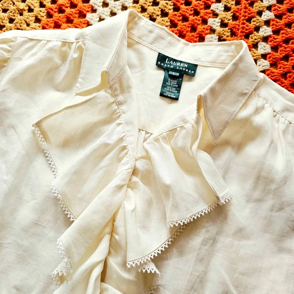 Vintage Lauren Ralph Lauren 100% Linen Ruffle Blouse Large - photo 2