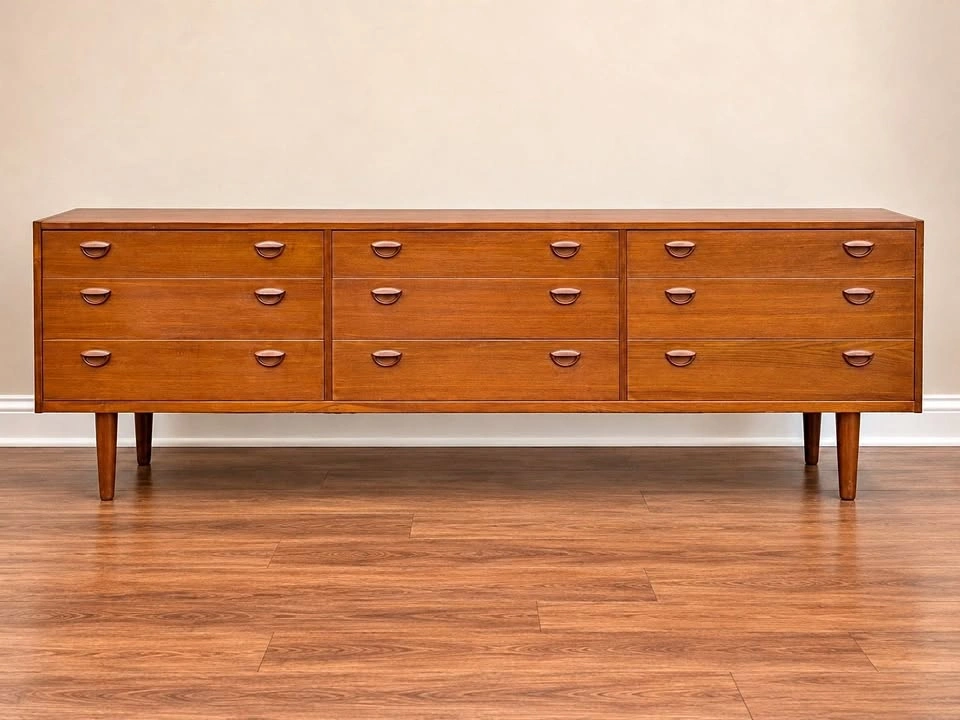 Extra Long Vintage Teak 9 Drawer Dresser / Credenza MCM