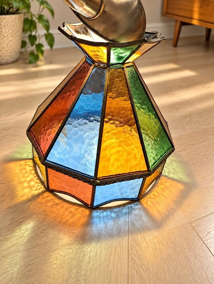 Vintage 1970s Stained Glass Swag Lamp Shade Multicolour MCM