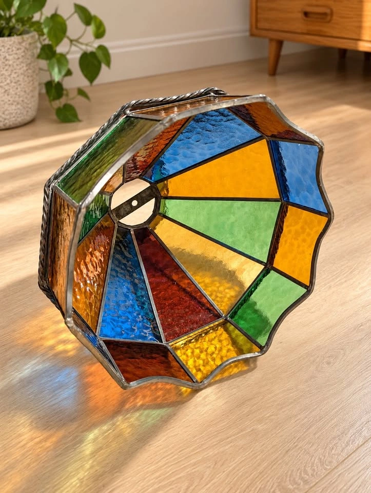 Vintage 1970s Stained Glass Swag Lamp Shade Multicolour MCM - photo 3