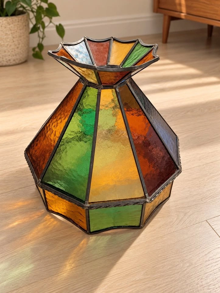 Vintage 1970s Stained Glass Swag Lamp Shade Multicolour MCM - photo 5
