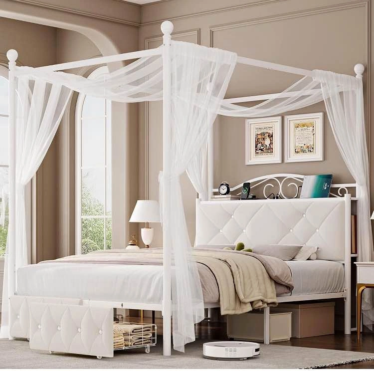 🌟 NEW Queen Canopy Bed with Storage Drawers – White