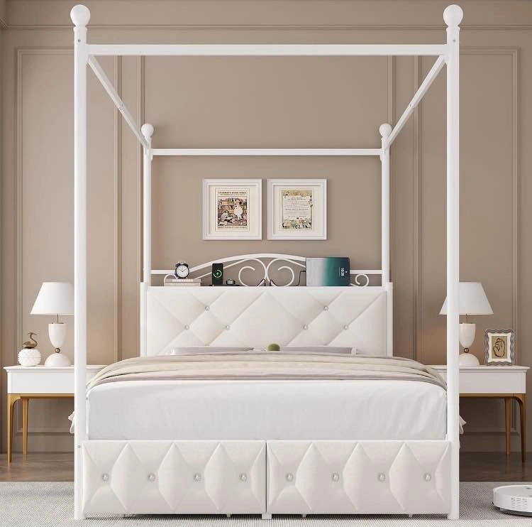 🌟 NEW Queen Canopy Bed with Storage Drawers – White - photo 2