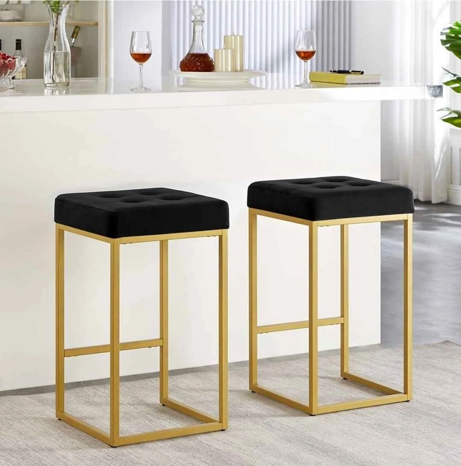 Set of 2 Blue Velvet and Gold Bar Stools