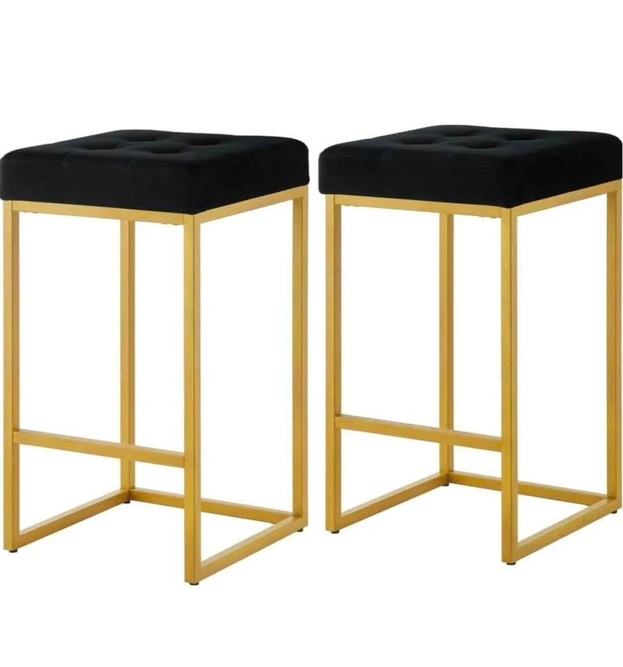 Set of 2 Blue Velvet and Gold Bar Stools - photo 3