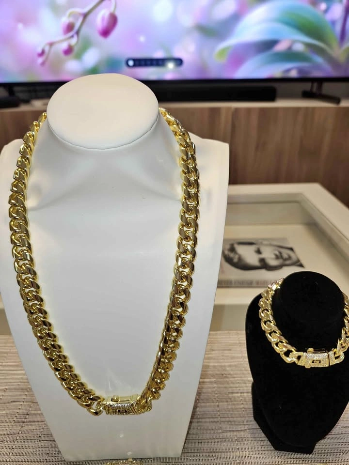 Gold Cuban Link Chain and Bracelet Set with Iced Out Clasps