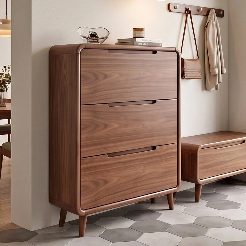 Mid-Century Walnut Look Shoe Cabinet – 3 Flip-Down Compartments