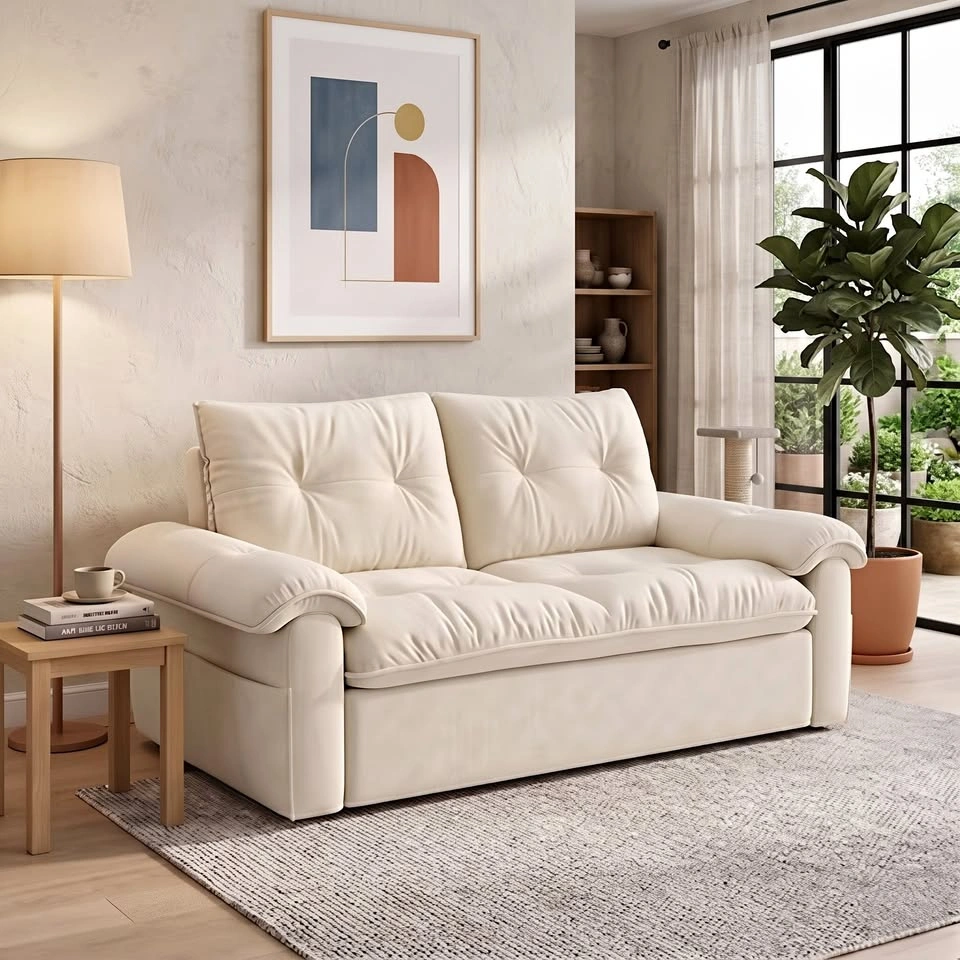 Minimalist Cream Fabric Sofa - Comfy Living Room Seating
