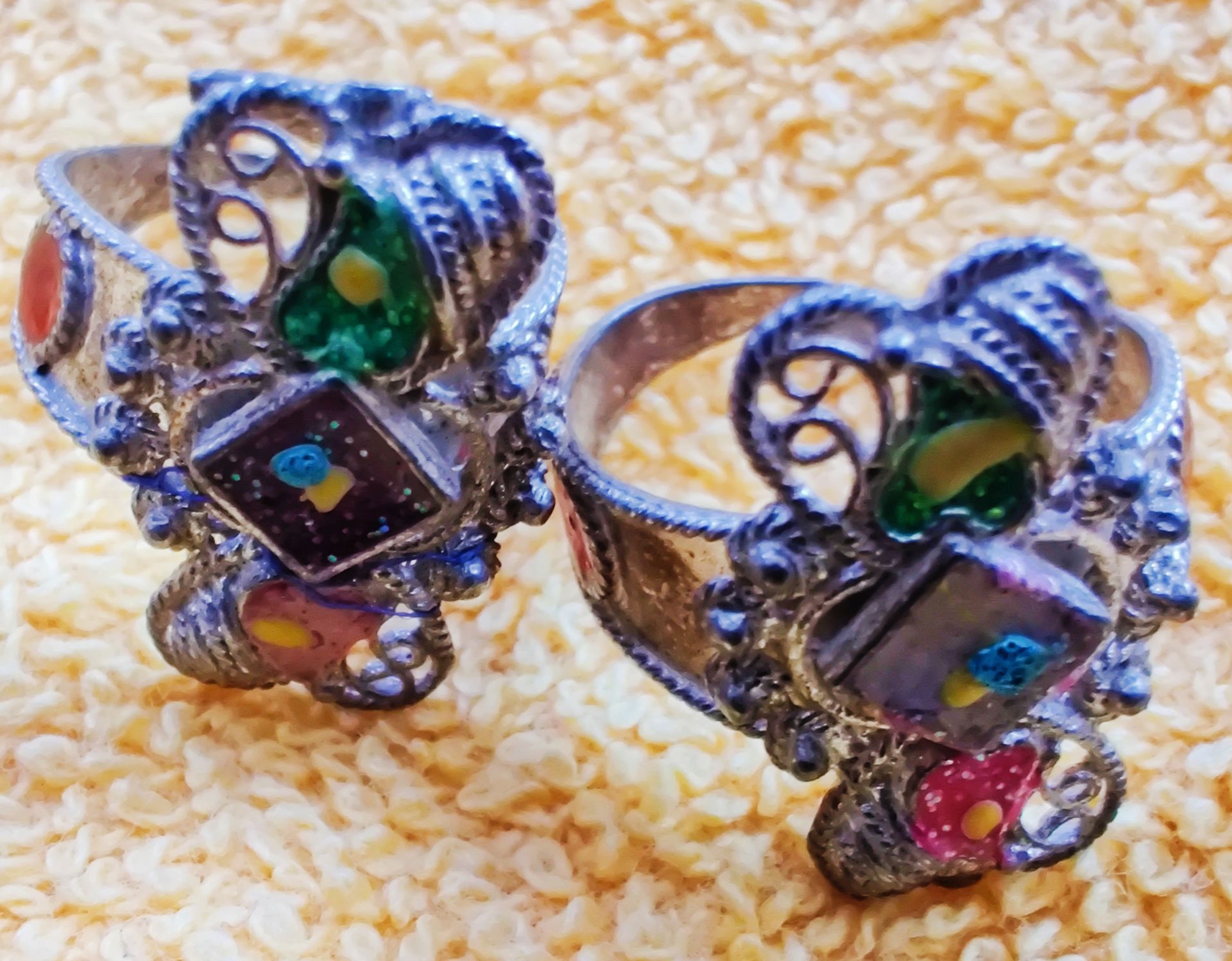 Silver Vintage Multicolor Enamel Statement Toe Rings Set of 2