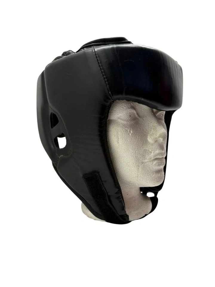 Black Leather Boxing Headgear — Adjustable, With Ear Guards