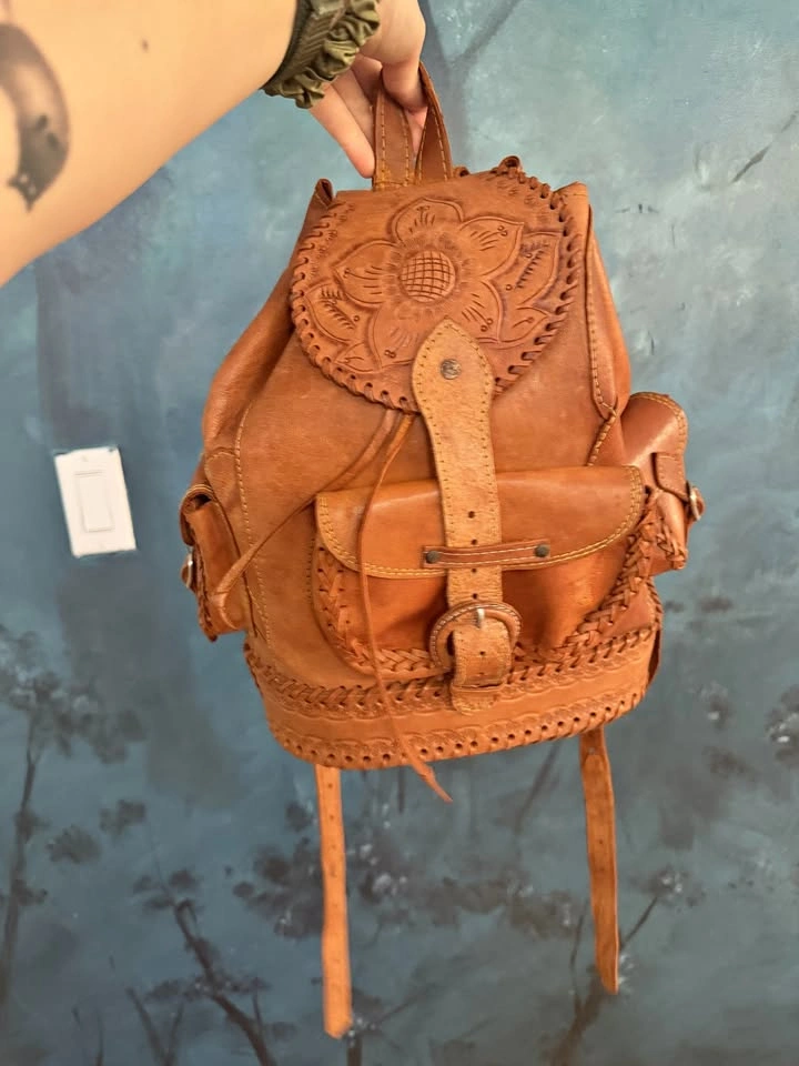 Vintage Leather Backpack with floral design from Mexico